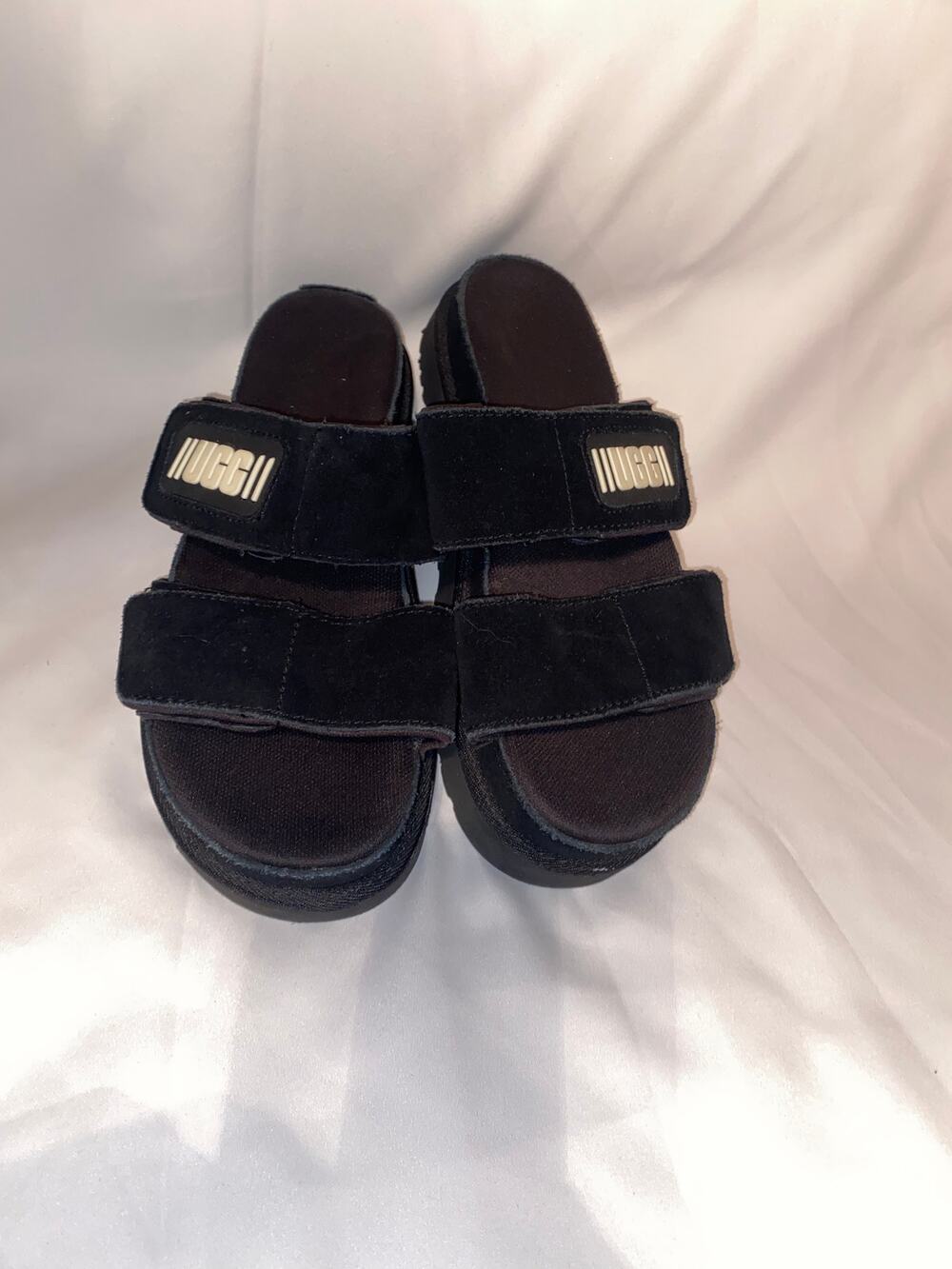 UGG Goldenstar Hi Slide Platform Sandals Black Suede Women's 8